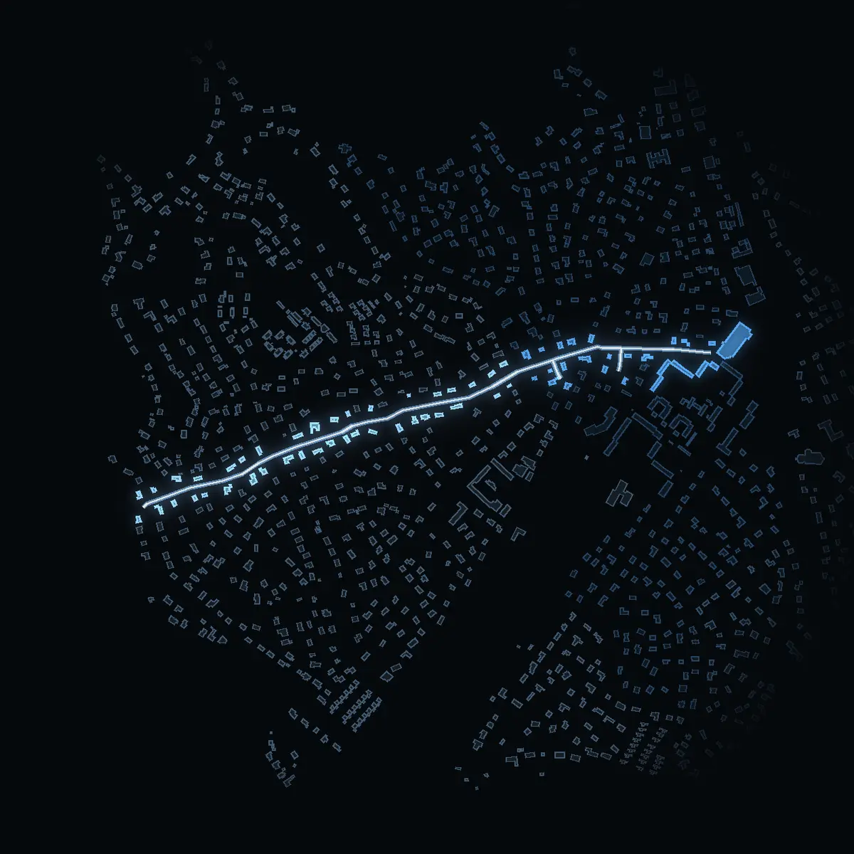 The street at night: Trångsundsvägen drawn in white, its buildings lit in the colour of their area’s income