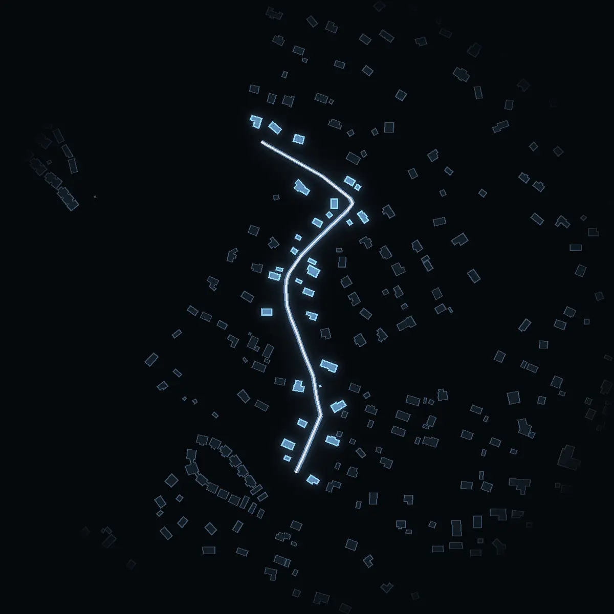 The street at night: Vårliden drawn in white, its buildings lit in the colour of their area’s income