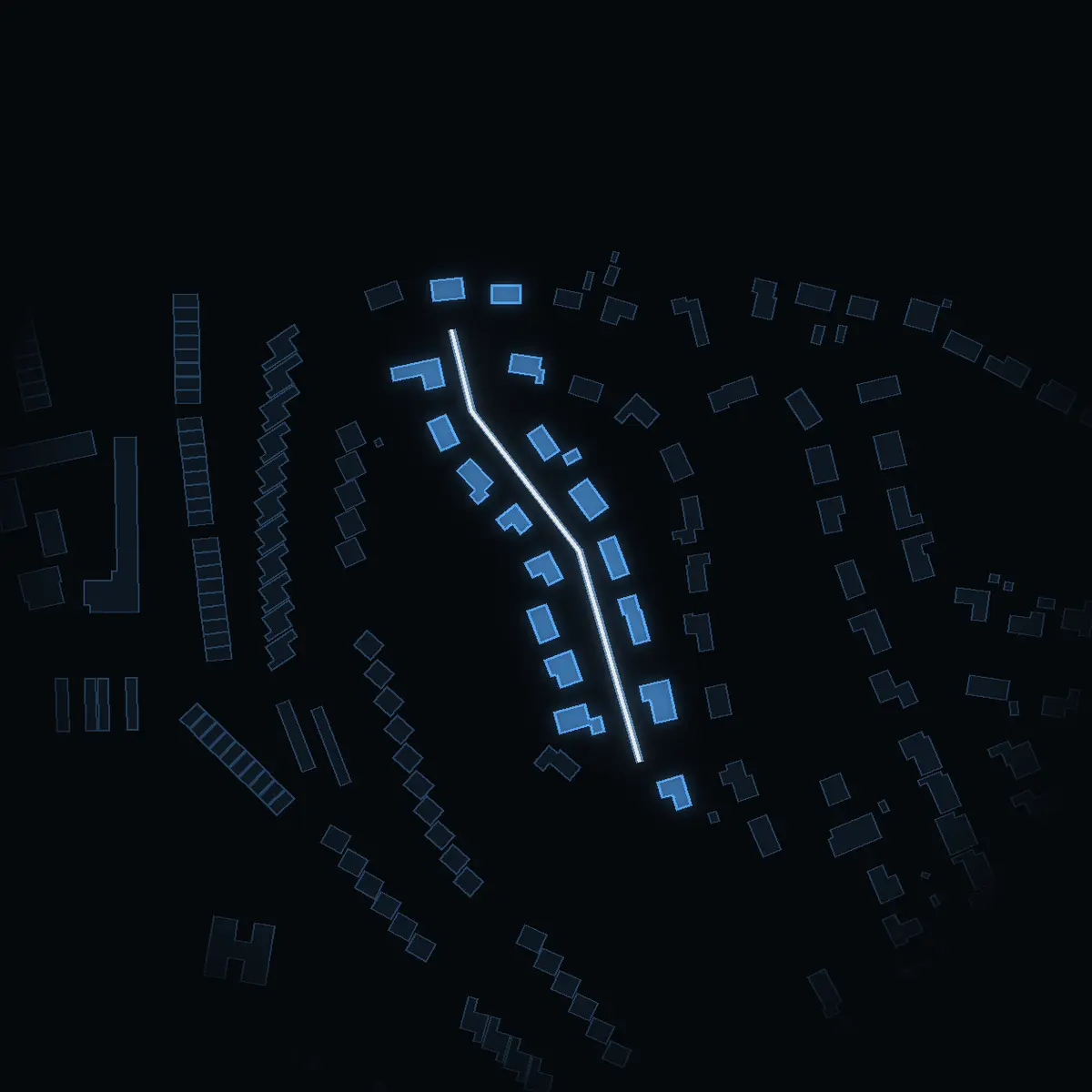 The street at night: Vinbärsvägen drawn in white, its buildings lit in the colour of their area’s income