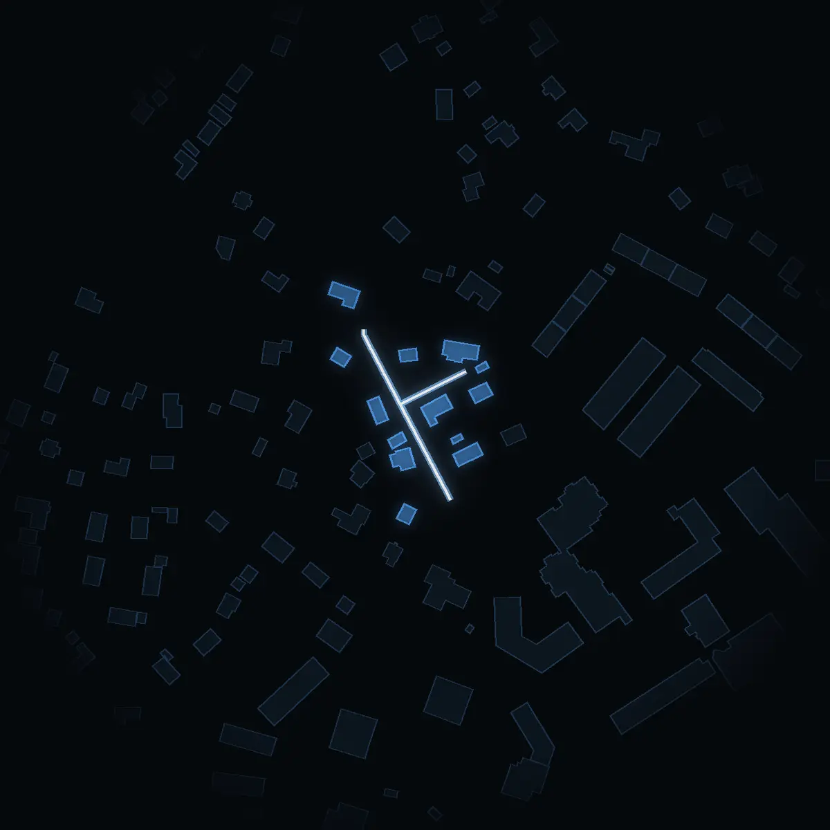 The street at night: Alkärrsvägen drawn in white, its buildings lit in the colour of their area’s income