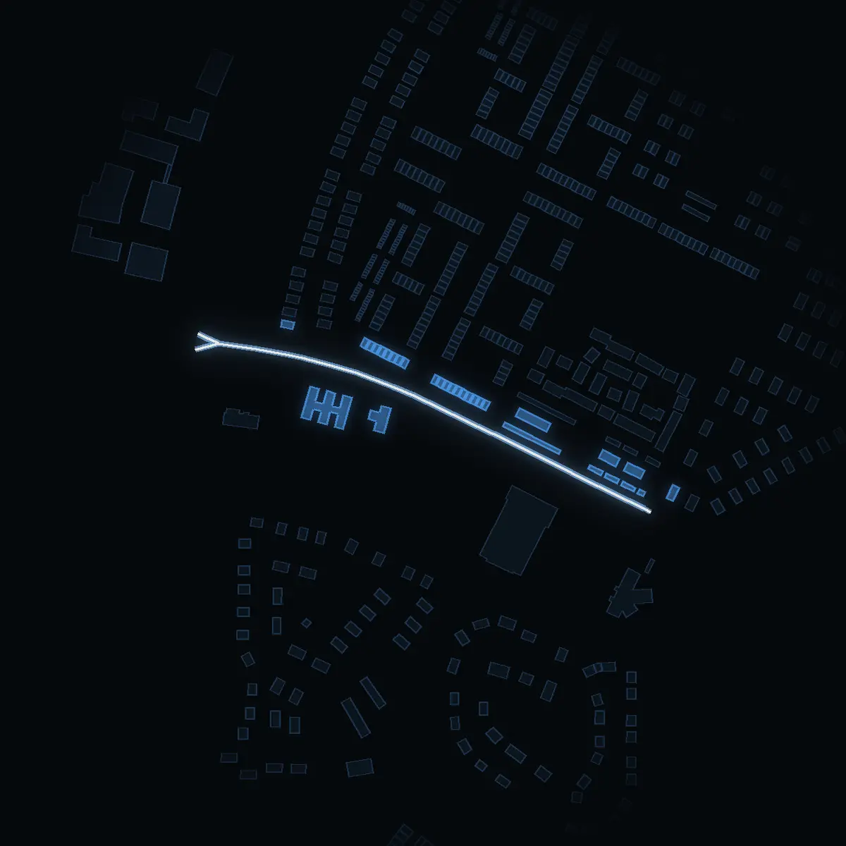 The street at night: Artistvägen drawn in white, its buildings lit in the colour of their area’s income