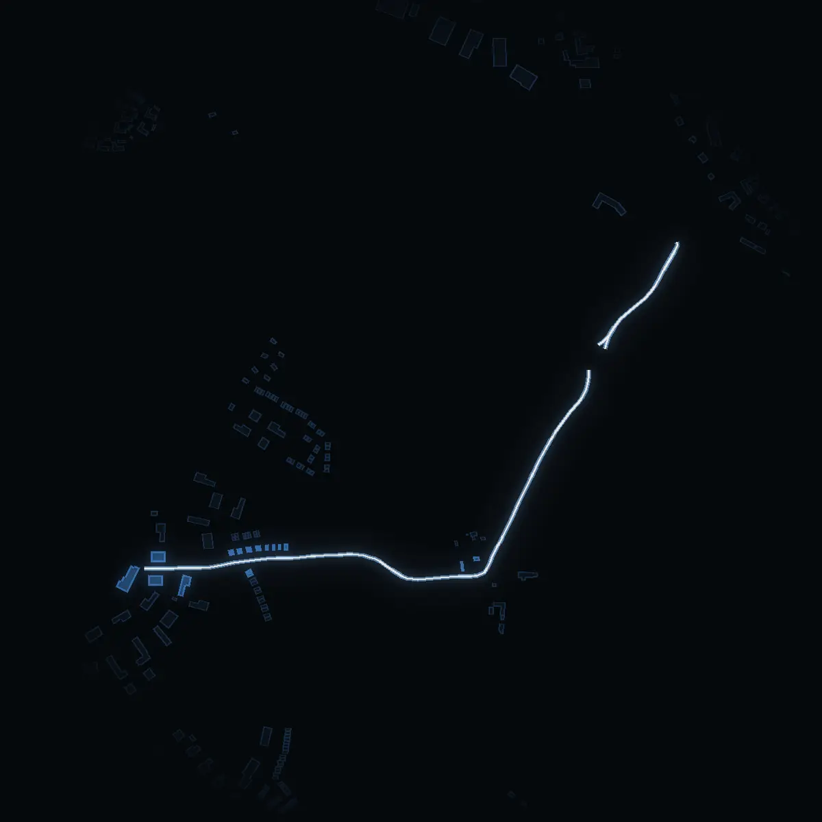 The street at night: Assurs väg drawn in white, its buildings lit in the colour of their area’s income