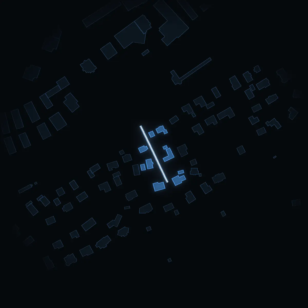 The street at night: Bergstigen drawn in white, its buildings lit in the colour of their area’s income