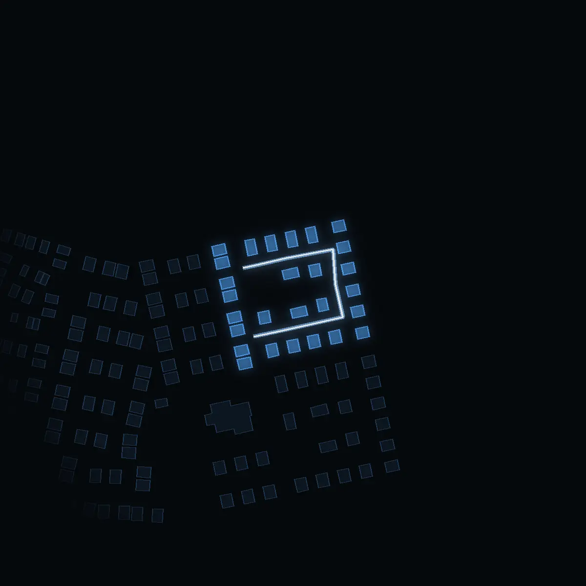 The street at night: Bomullsvägen drawn in white, its buildings lit in the colour of their area’s income