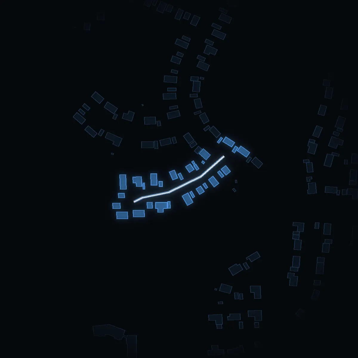The street at night: Brunkullavägen drawn in white, its buildings lit in the colour of their area’s income