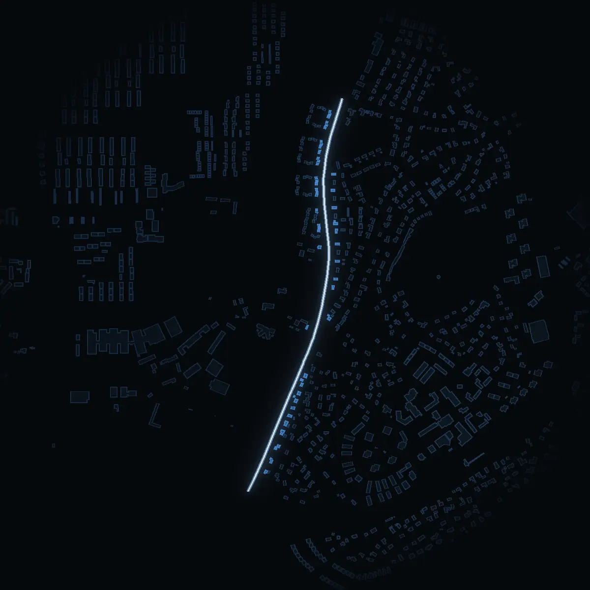 The street at night: Bygdegårdsvägen drawn in white, its buildings lit in the colour of their area’s income