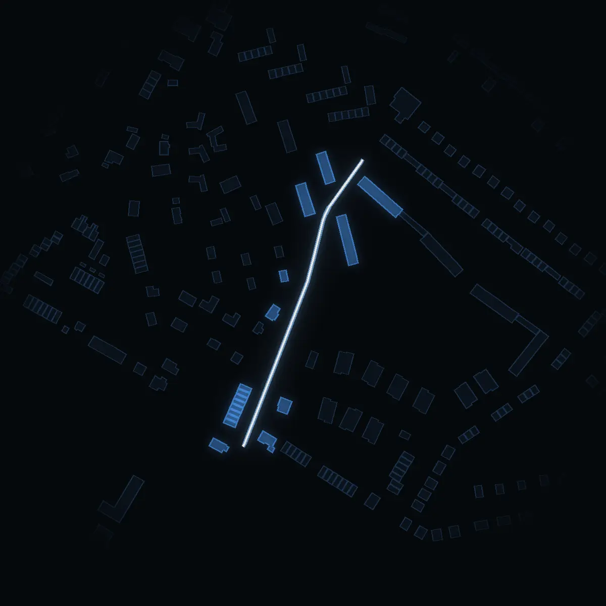 The street at night: Byggmästarvägen drawn in white, its buildings lit in the colour of their area’s income