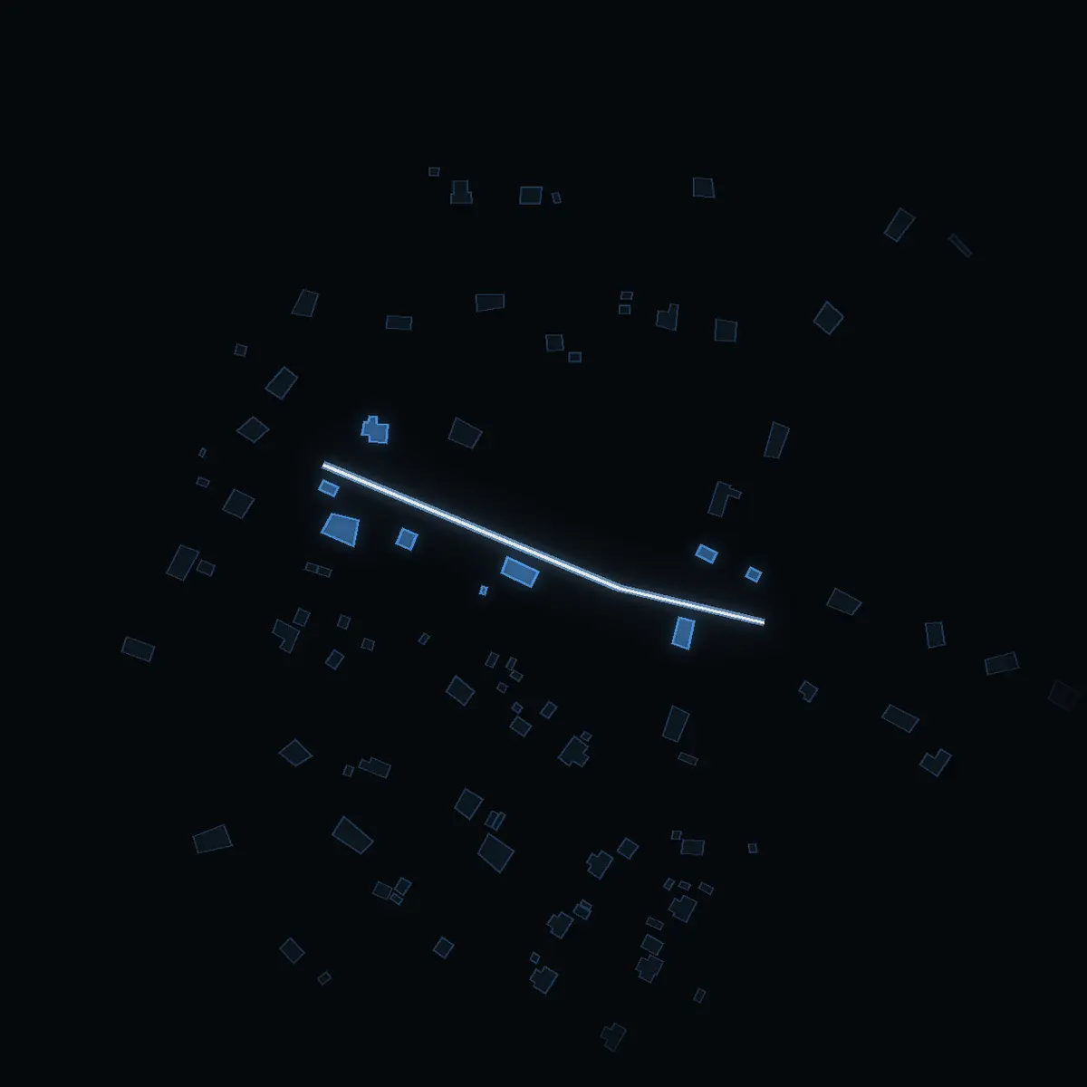 The street at night: Drängvägen drawn in white, its buildings lit in the colour of their area’s income