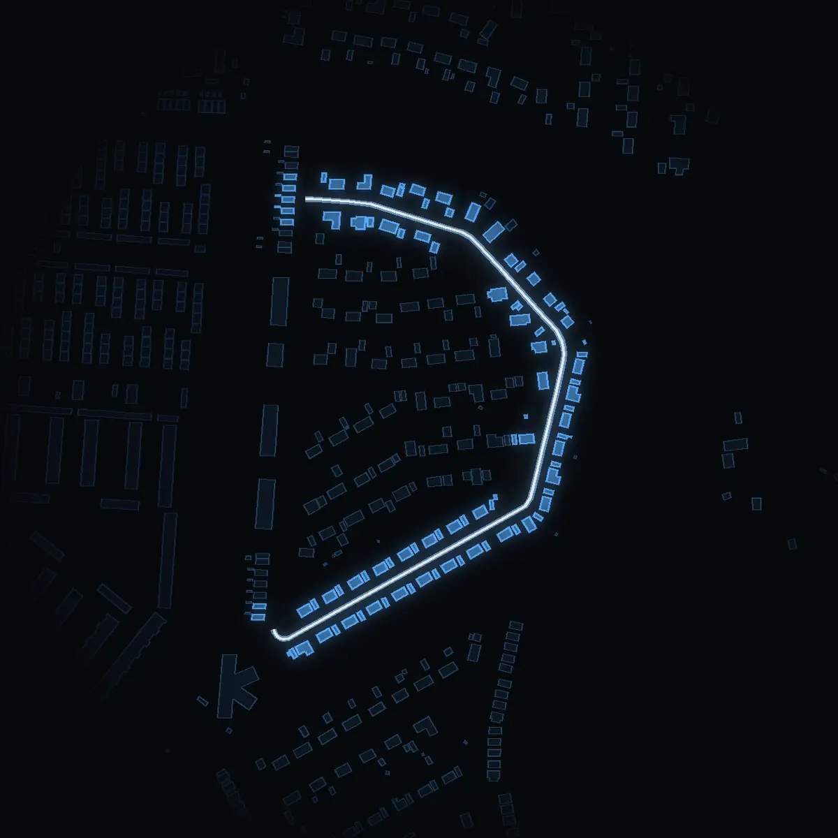 The street at night: Drivhusslingan drawn in white, its buildings lit in the colour of their area’s income