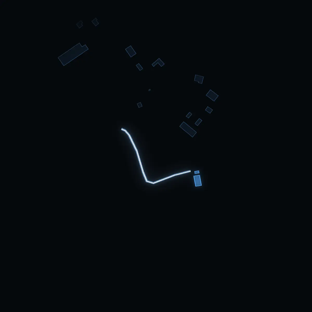 Gatan nattetid: Ekbackavägen inritad i vitt, husen tända i färgen för områdets inkomst