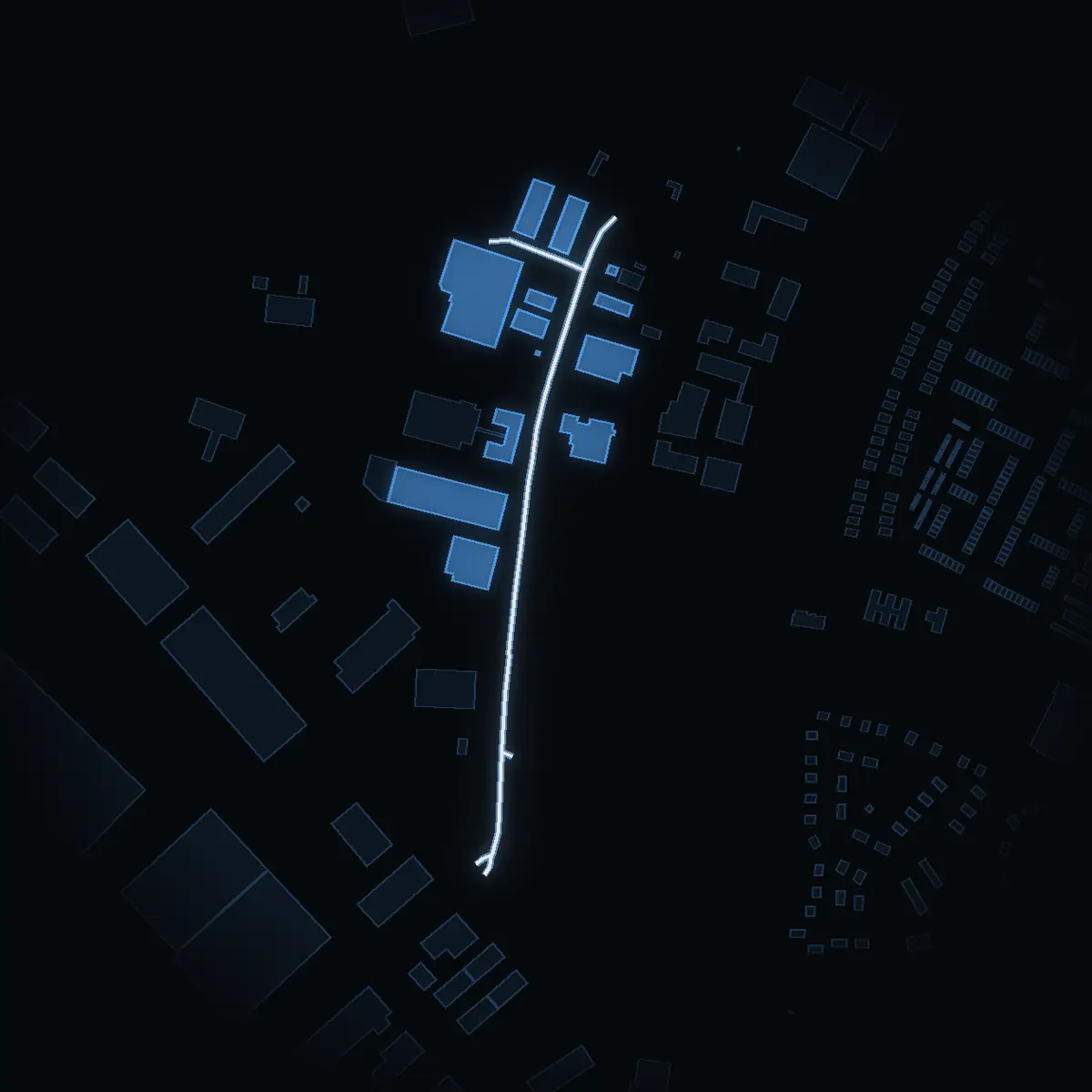 The street at night: Energivägen drawn in white, its buildings lit in the colour of their area’s income