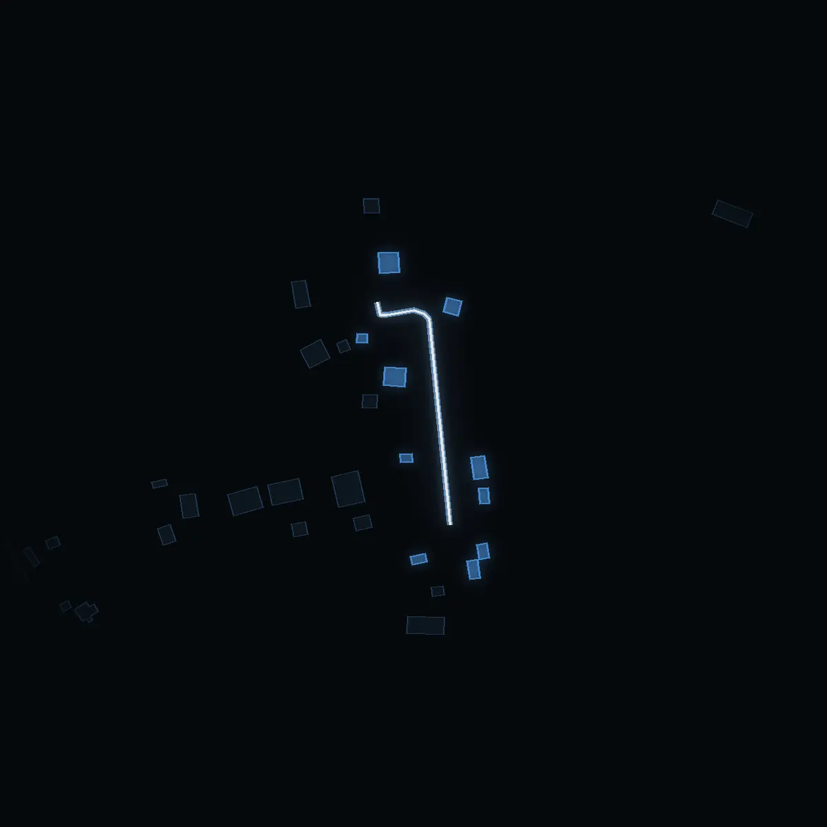 The street at night: Flisvägen drawn in white, its buildings lit in the colour of their area’s income