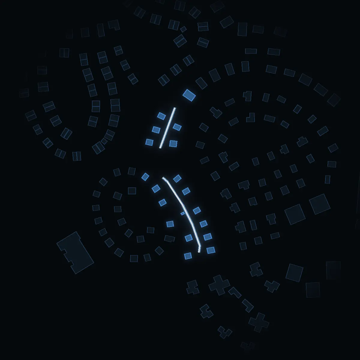The street at night: Flugsvampsvägen drawn in white, its buildings lit in the colour of their area’s income