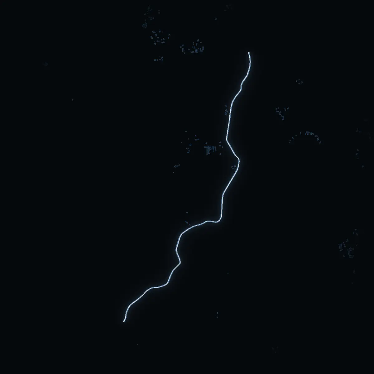 The street at night: Frölundavägen drawn in white, its buildings lit in the colour of their area’s income