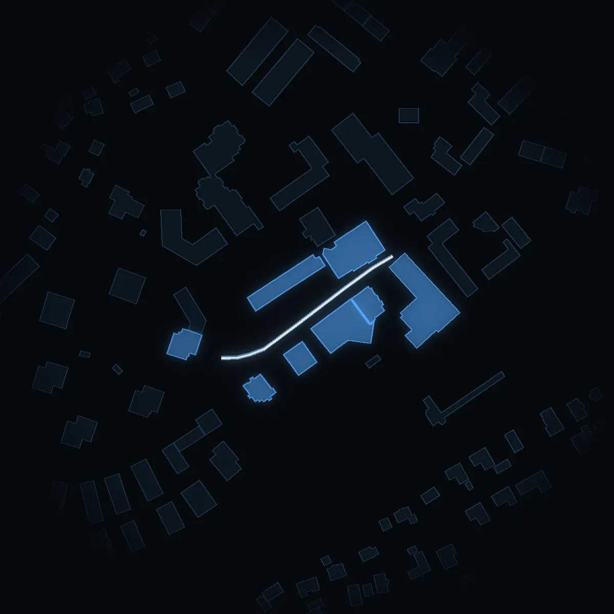 The street at night: Furuhällsvägen drawn in white, its buildings lit in the colour of their area’s income
