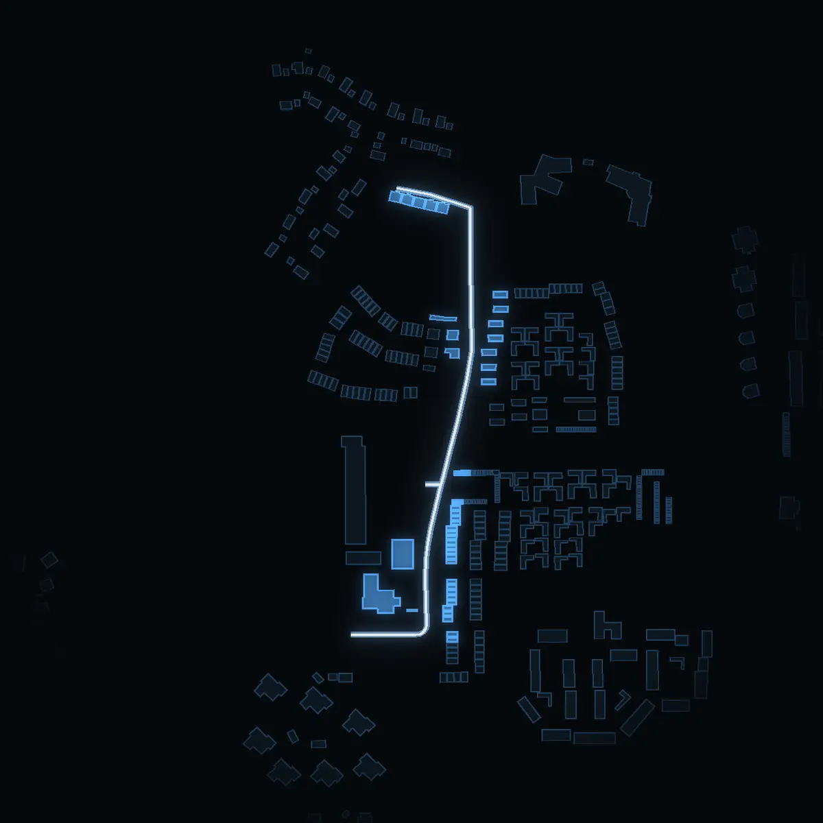 The street at night: Geologivägen drawn in white, its buildings lit in the colour of their area’s income