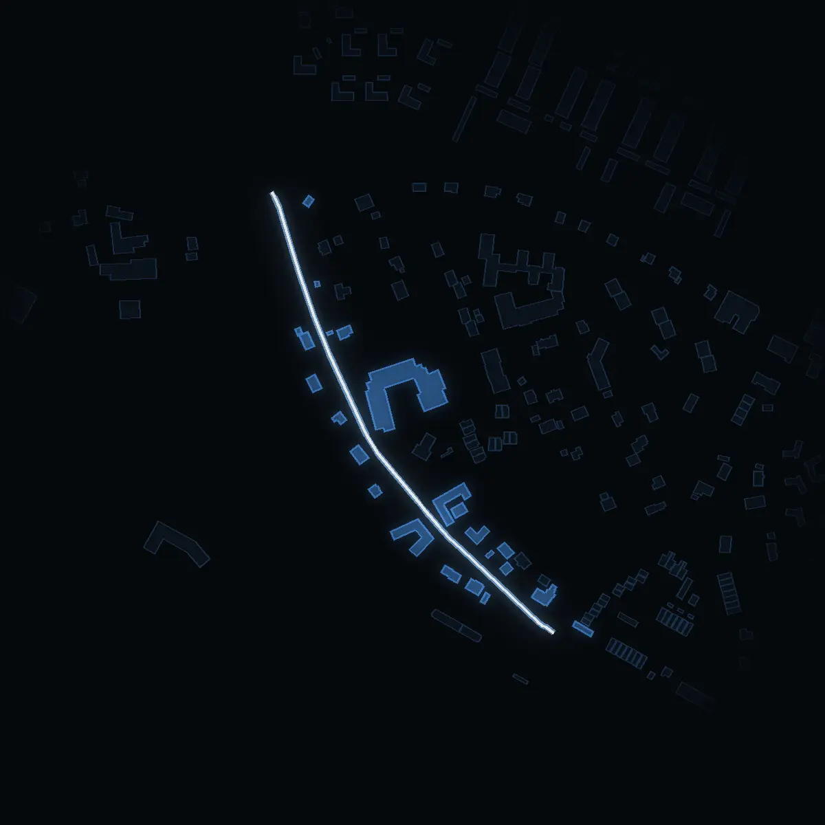 The street at night: Härnevi skolväg drawn in white, its buildings lit in the colour of their area’s income