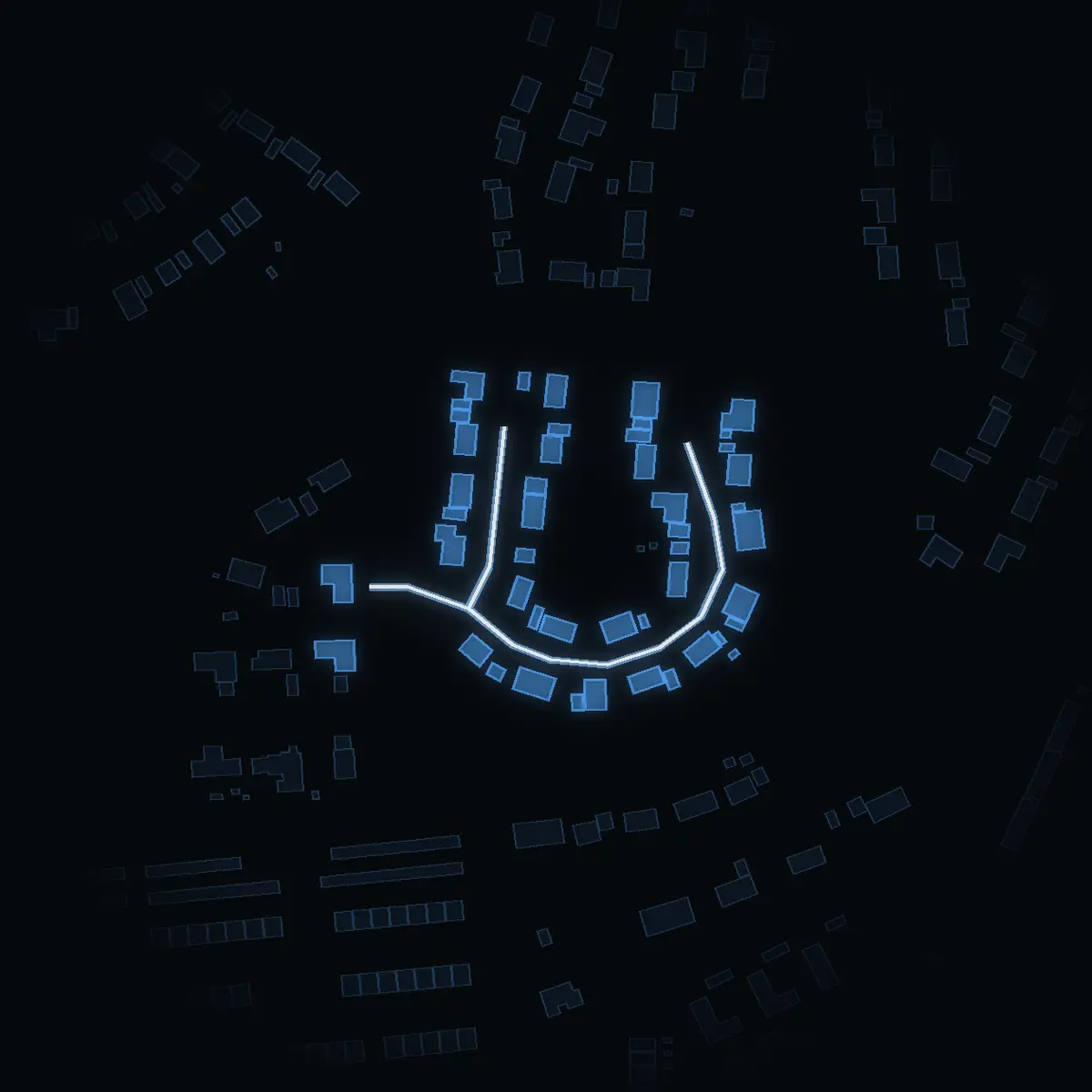 The street at night: Hästhovsvägen drawn in white, its buildings lit in the colour of their area’s income