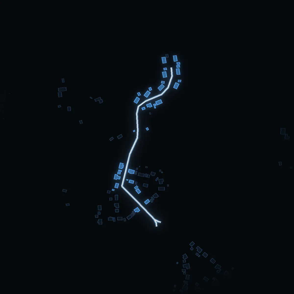 The street at night: Jordlottsvägen drawn in white, its buildings lit in the colour of their area’s income