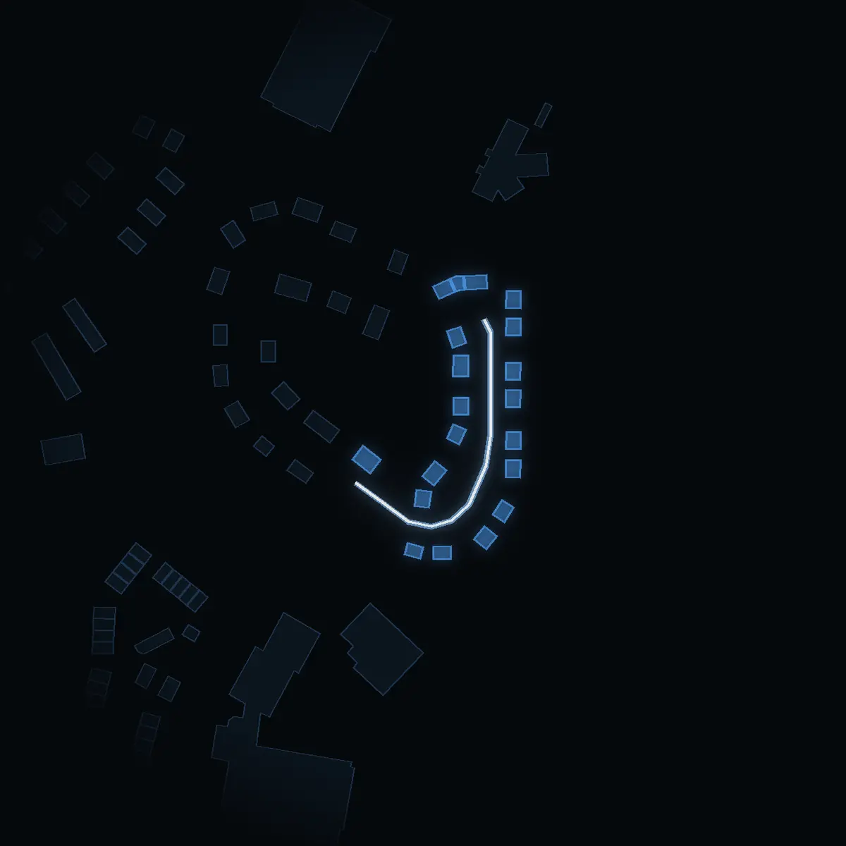 The street at night: Kantelevägen drawn in white, its buildings lit in the colour of their area’s income