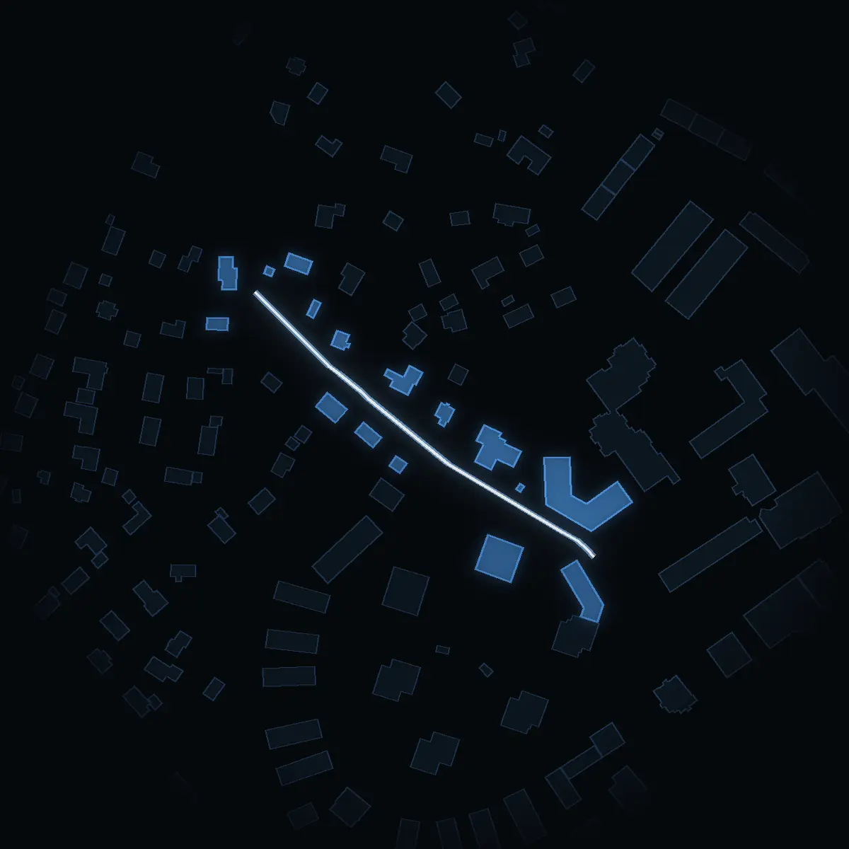 The street at night: Knektvägen drawn in white, its buildings lit in the colour of their area’s income