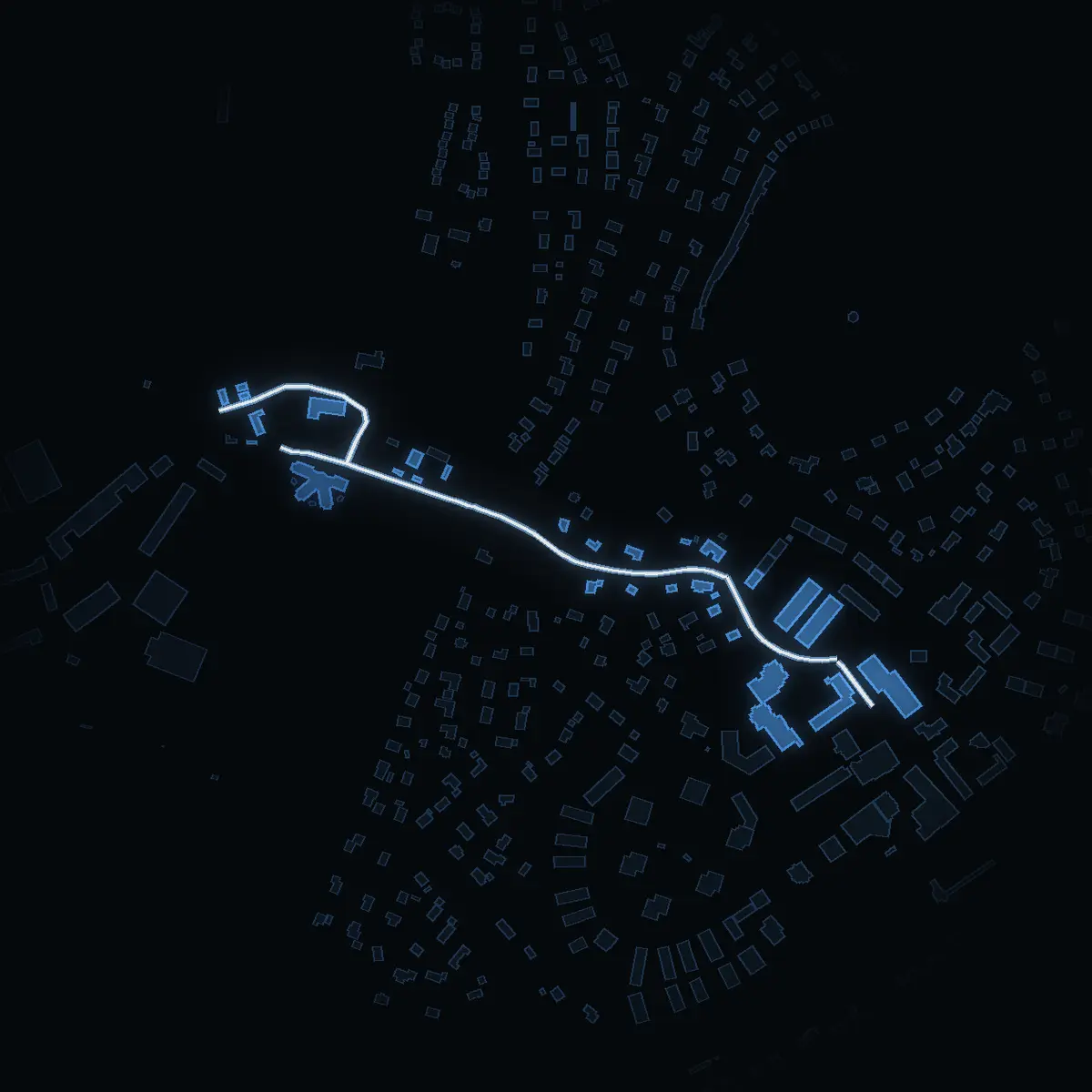 The street at night: Kyrkvägen drawn in white, its buildings lit in the colour of their area’s income