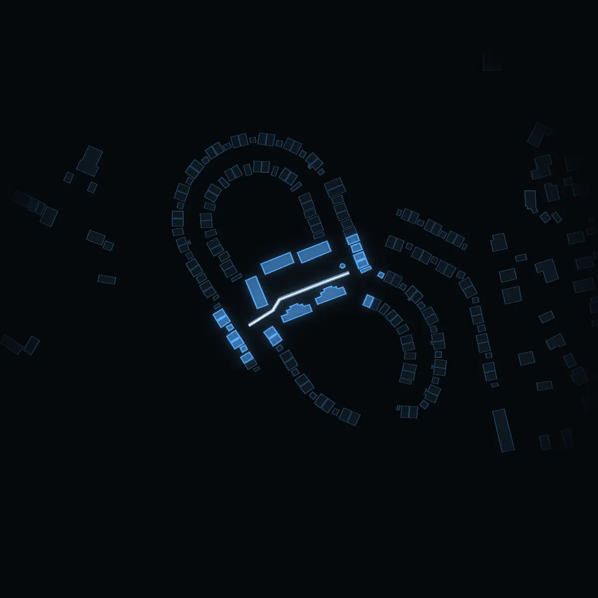 The street at night: Lars Ekborgs väg drawn in white, its buildings lit in the colour of their area’s income