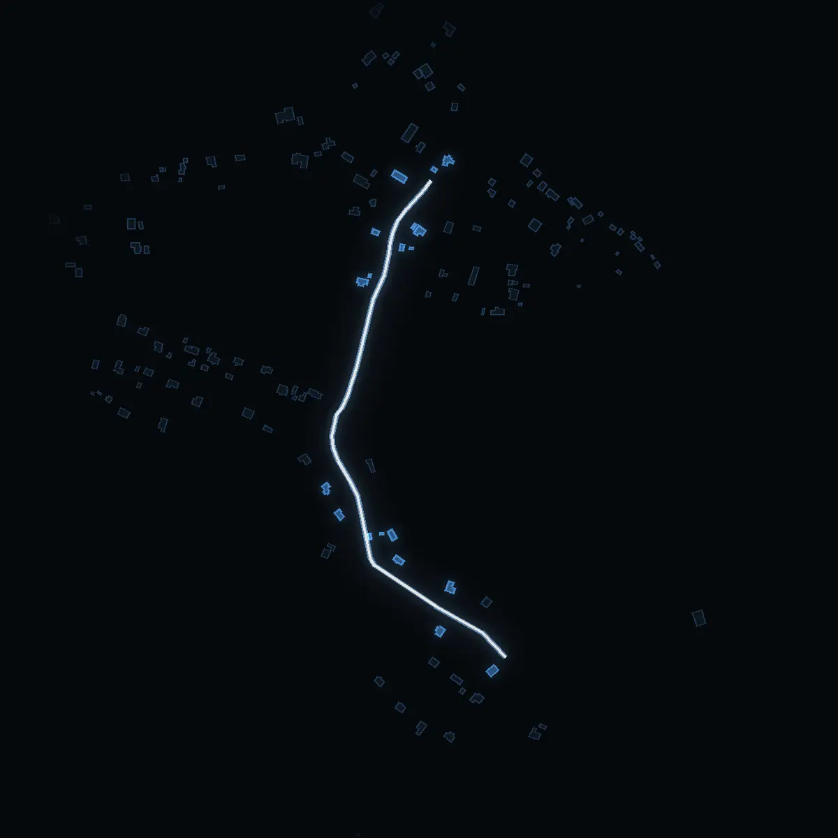 The street at night: Mariedalsvägen drawn in white, its buildings lit in the colour of their area’s income