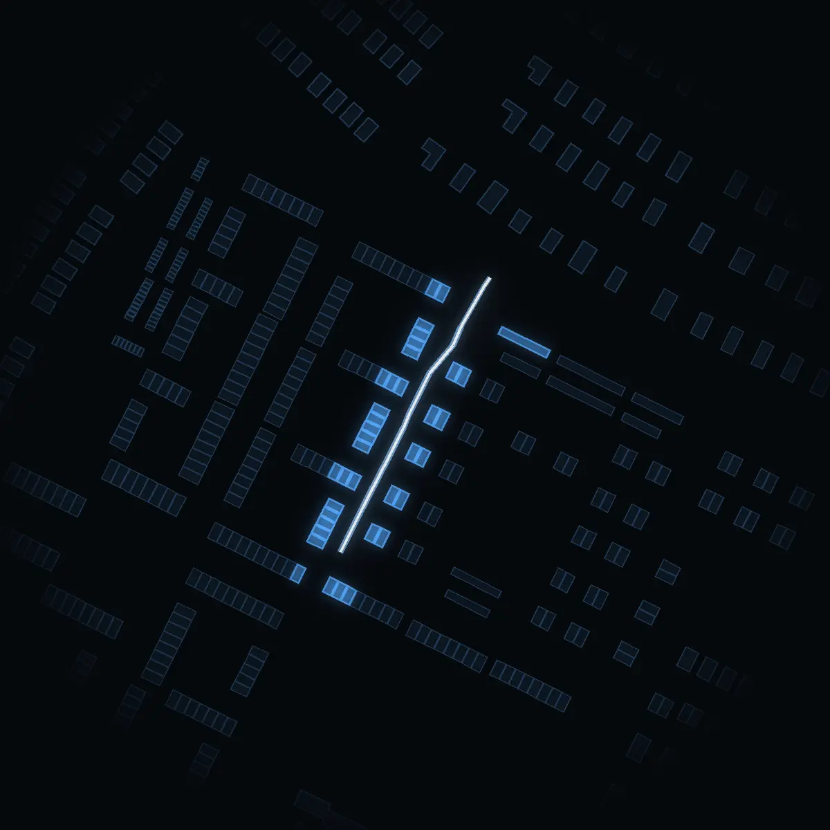 The street at night: Menuettvägen drawn in white, its buildings lit in the colour of their area’s income