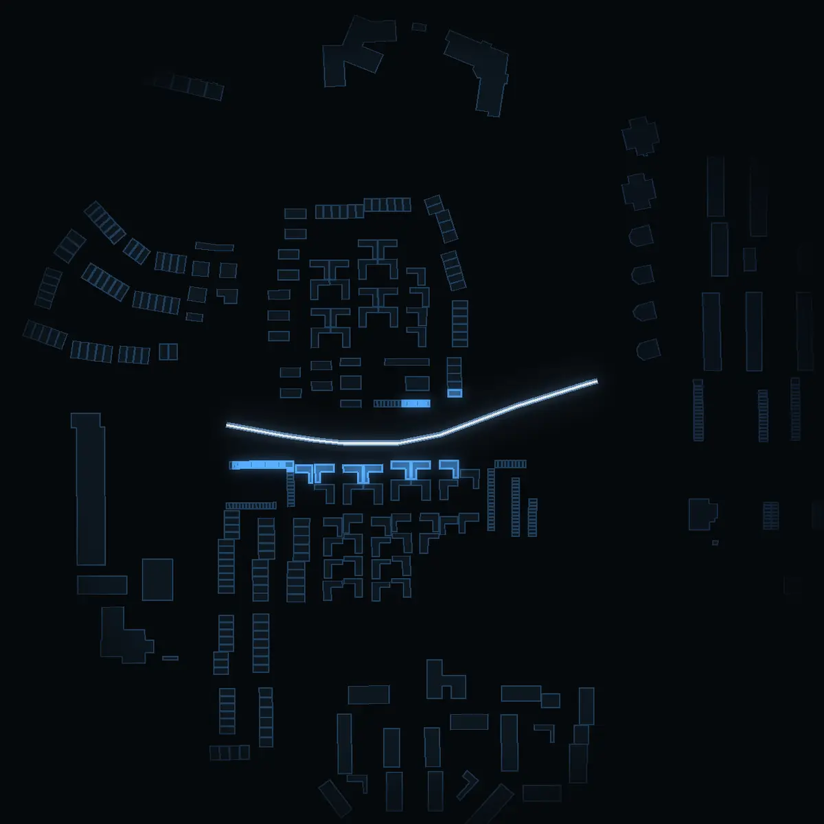The street at night: Mineralvägen drawn in white, its buildings lit in the colour of their area’s income