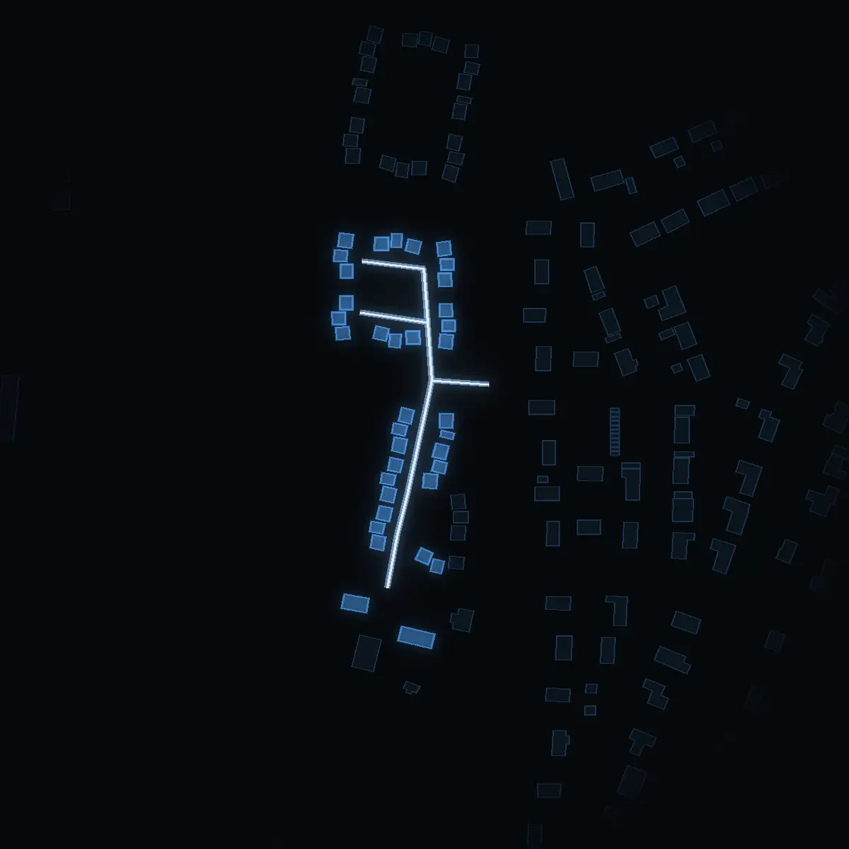 The street at night: Örtugsvägen drawn in white, its buildings lit in the colour of their area’s income