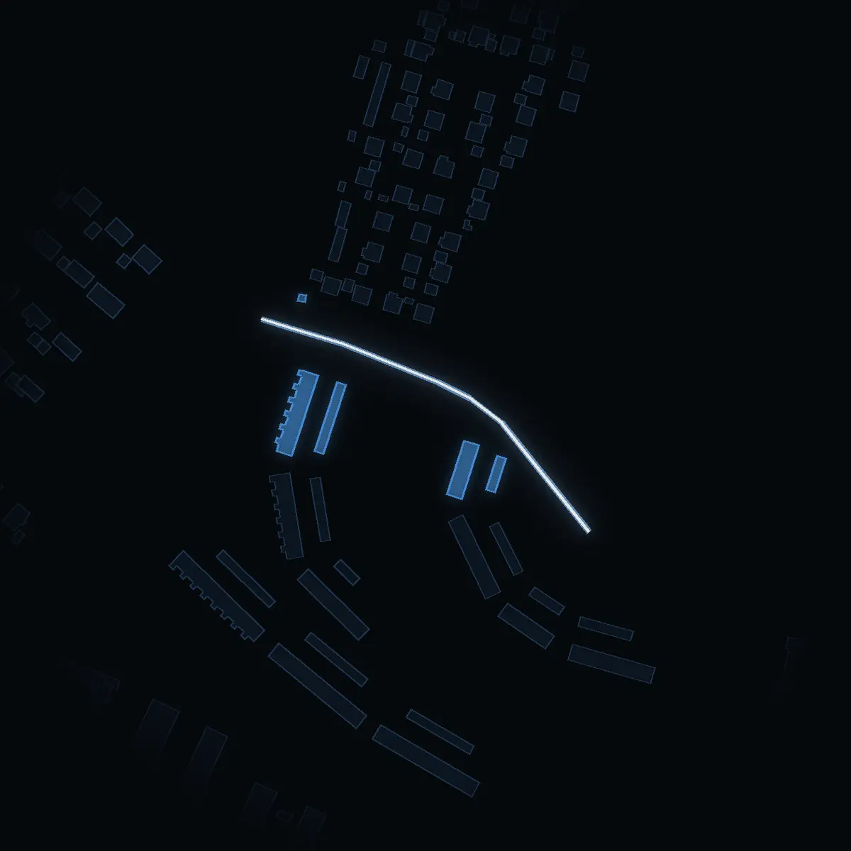 The street at night: Parkvägen drawn in white, its buildings lit in the colour of their area’s income