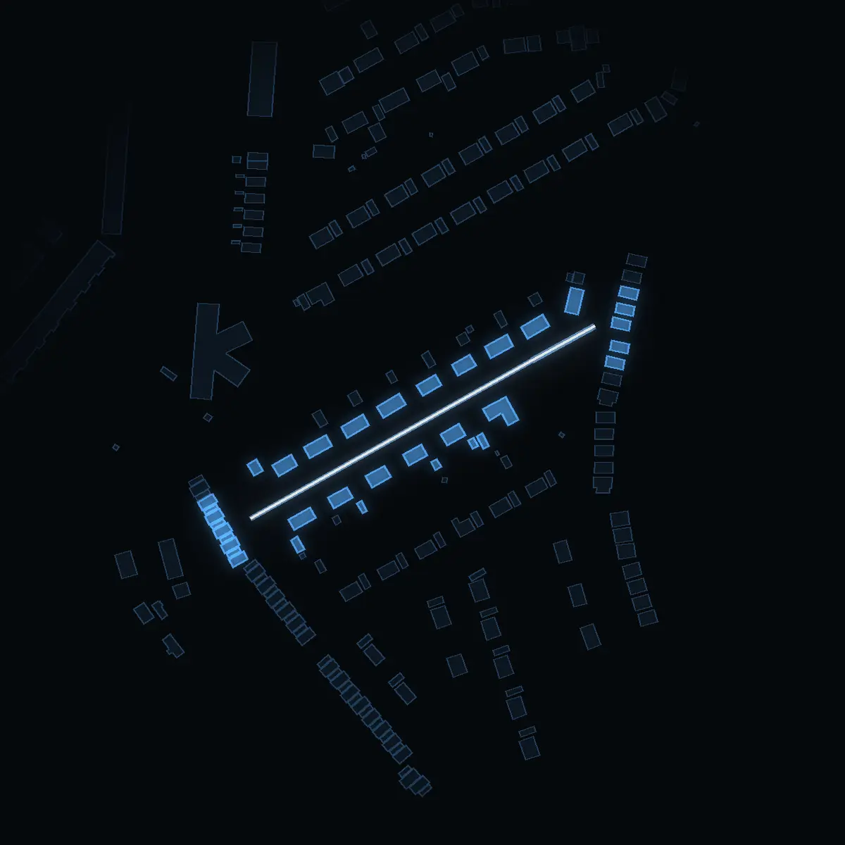 The street at night: Pelargonvägen drawn in white, its buildings lit in the colour of their area’s income