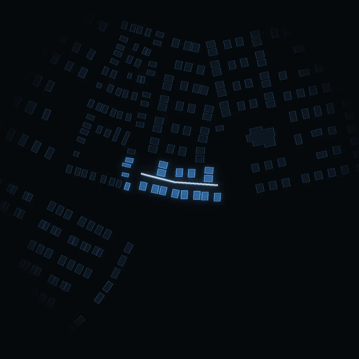 The street at night: Sammetsvägen drawn in white, its buildings lit in the colour of their area’s income