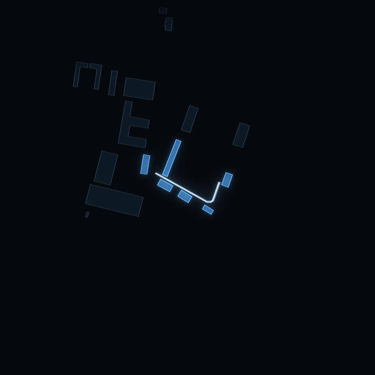 The street at night: Sjövillans väg drawn in white, its buildings lit in the colour of their area’s income