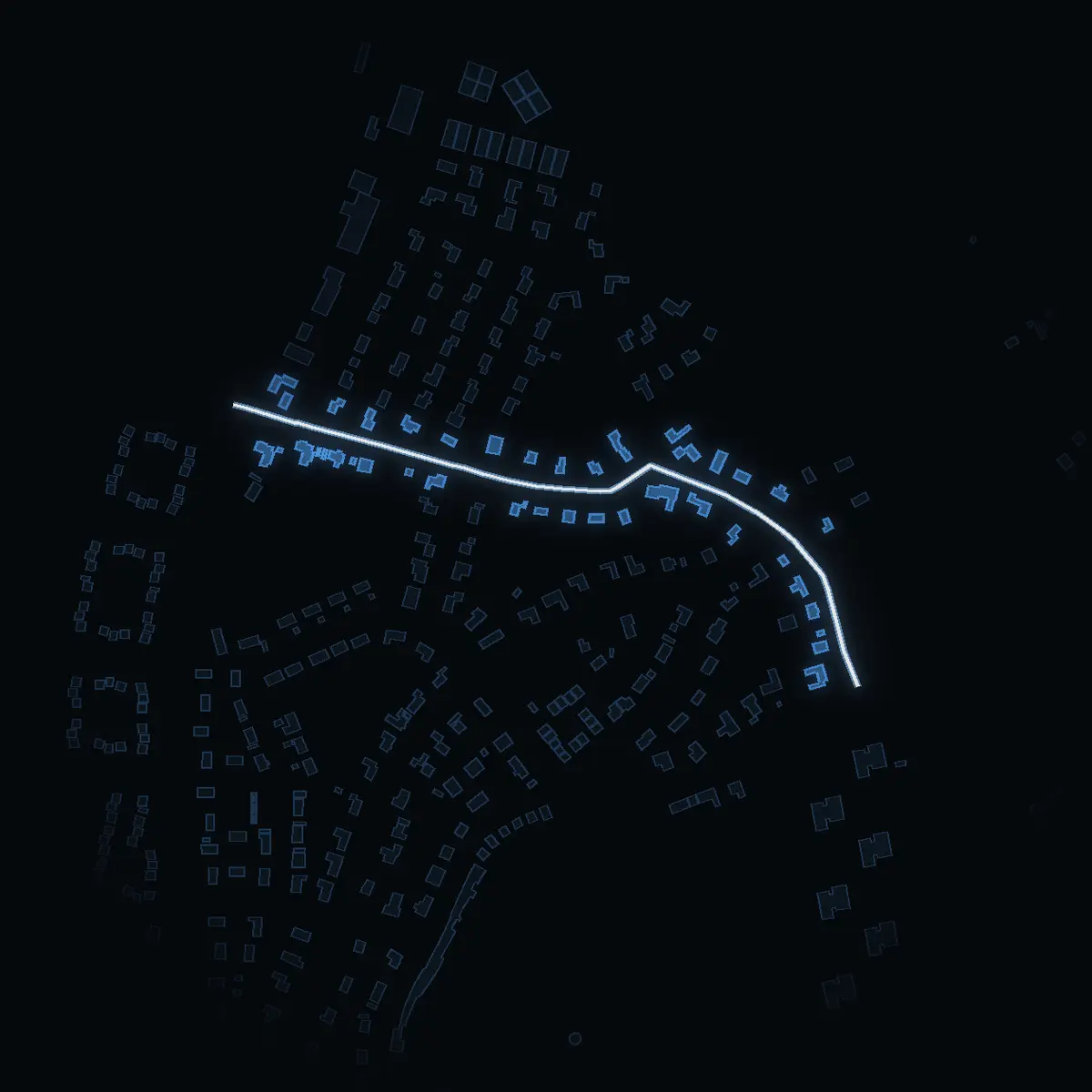 The street at night: Skyttens väg drawn in white, its buildings lit in the colour of their area’s income