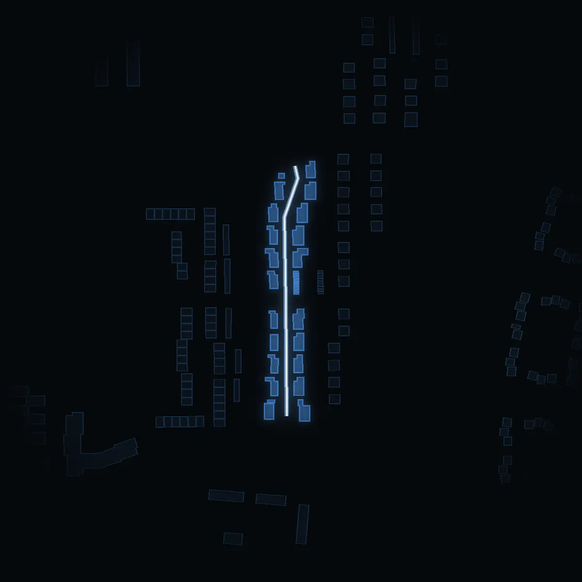 The street at night: Smultronvägen drawn in white, its buildings lit in the colour of their area’s income