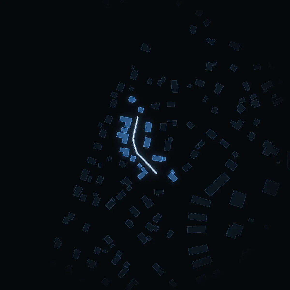 The street at night: Sofielundsvägen drawn in white, its buildings lit in the colour of their area’s income