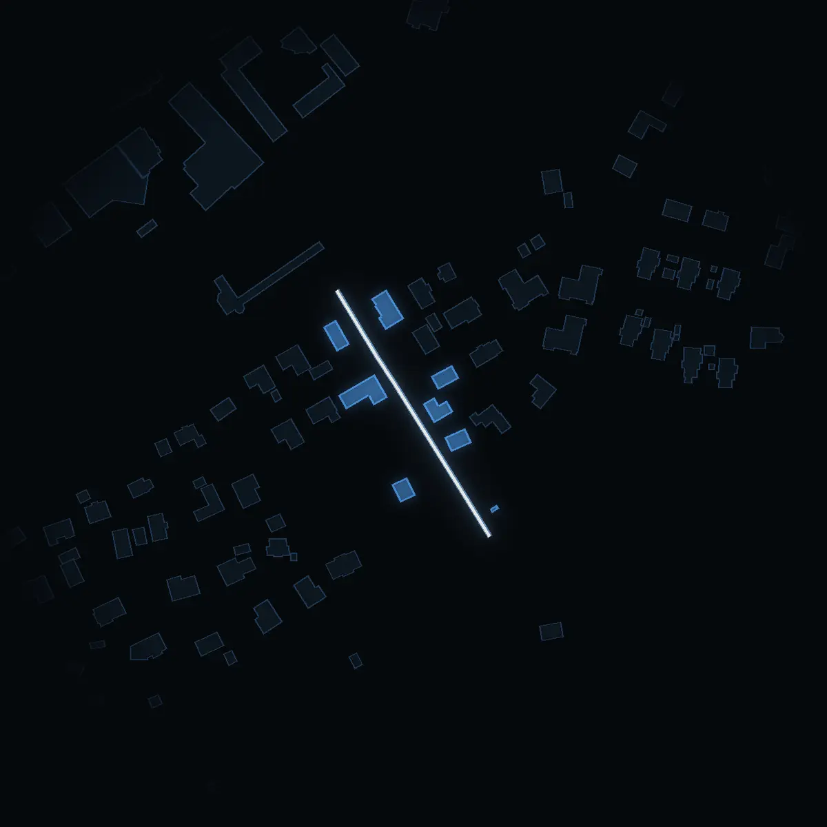 The street at night: Stationsbacken drawn in white, its buildings lit in the colour of their area’s income