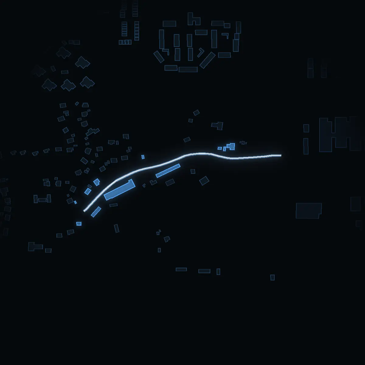 The street at night: Tibble gårdsväg drawn in white, its buildings lit in the colour of their area’s income