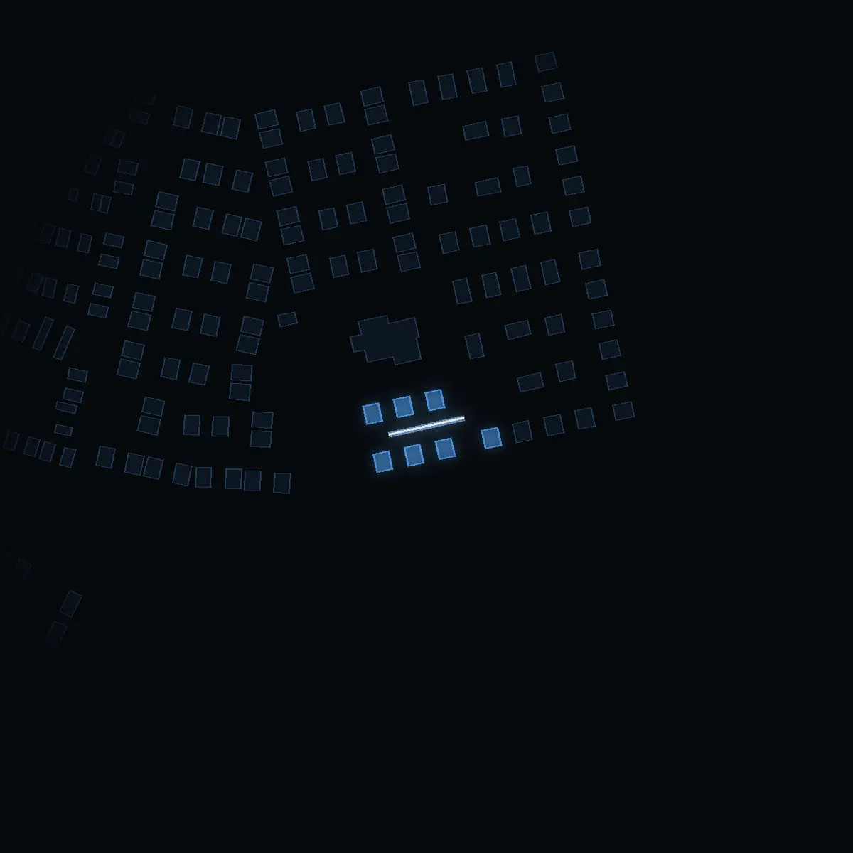 The street at night: Vadmalsvägen drawn in white, its buildings lit in the colour of their area’s income