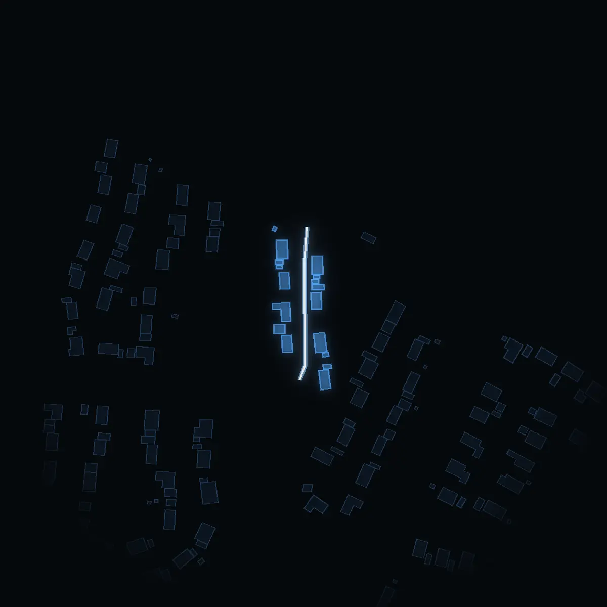 The street at night: Vårlöksvägen drawn in white, its buildings lit in the colour of their area’s income