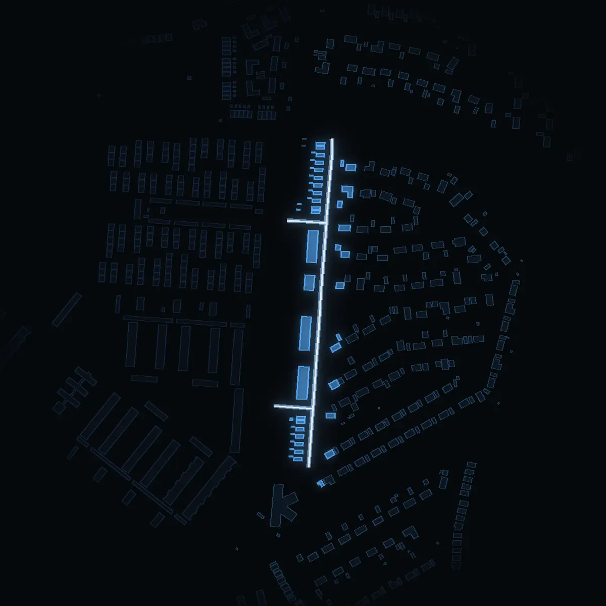 The street at night: Växthusvägen drawn in white, its buildings lit in the colour of their area’s income