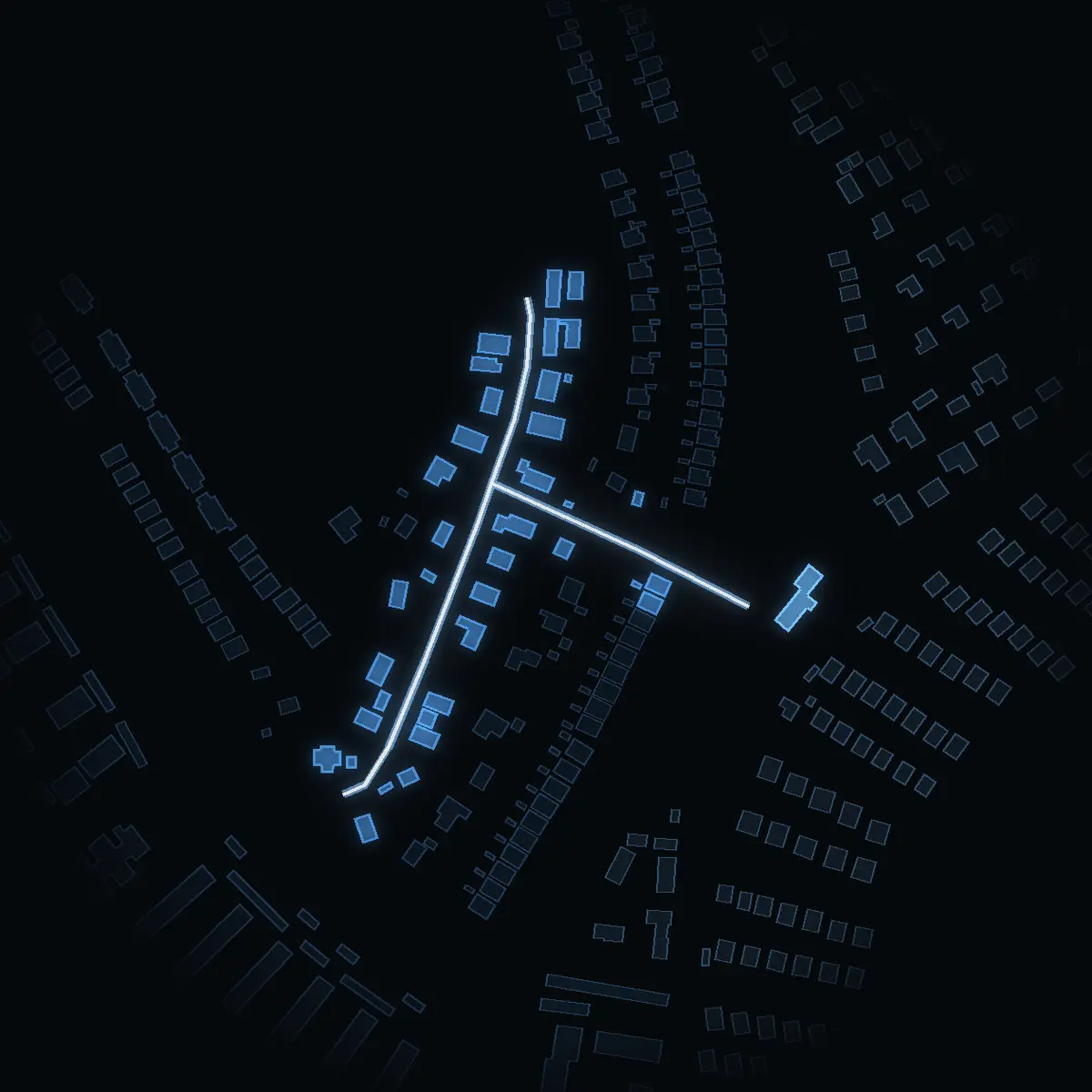 The street at night: Bergklintvägen drawn in white, its buildings lit in the colour of their area’s income