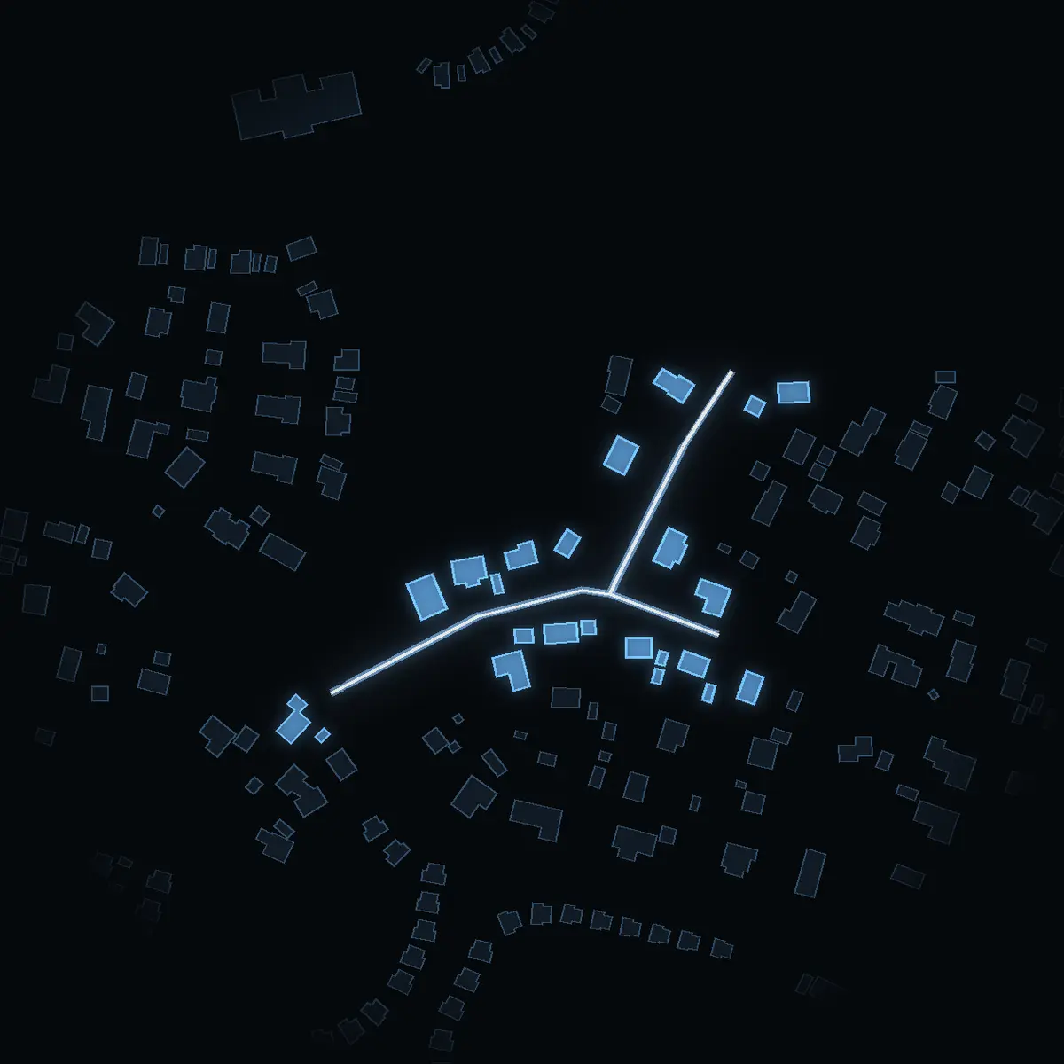 The street at night: Bergsvägen drawn in white, its buildings lit in the colour of their area’s income