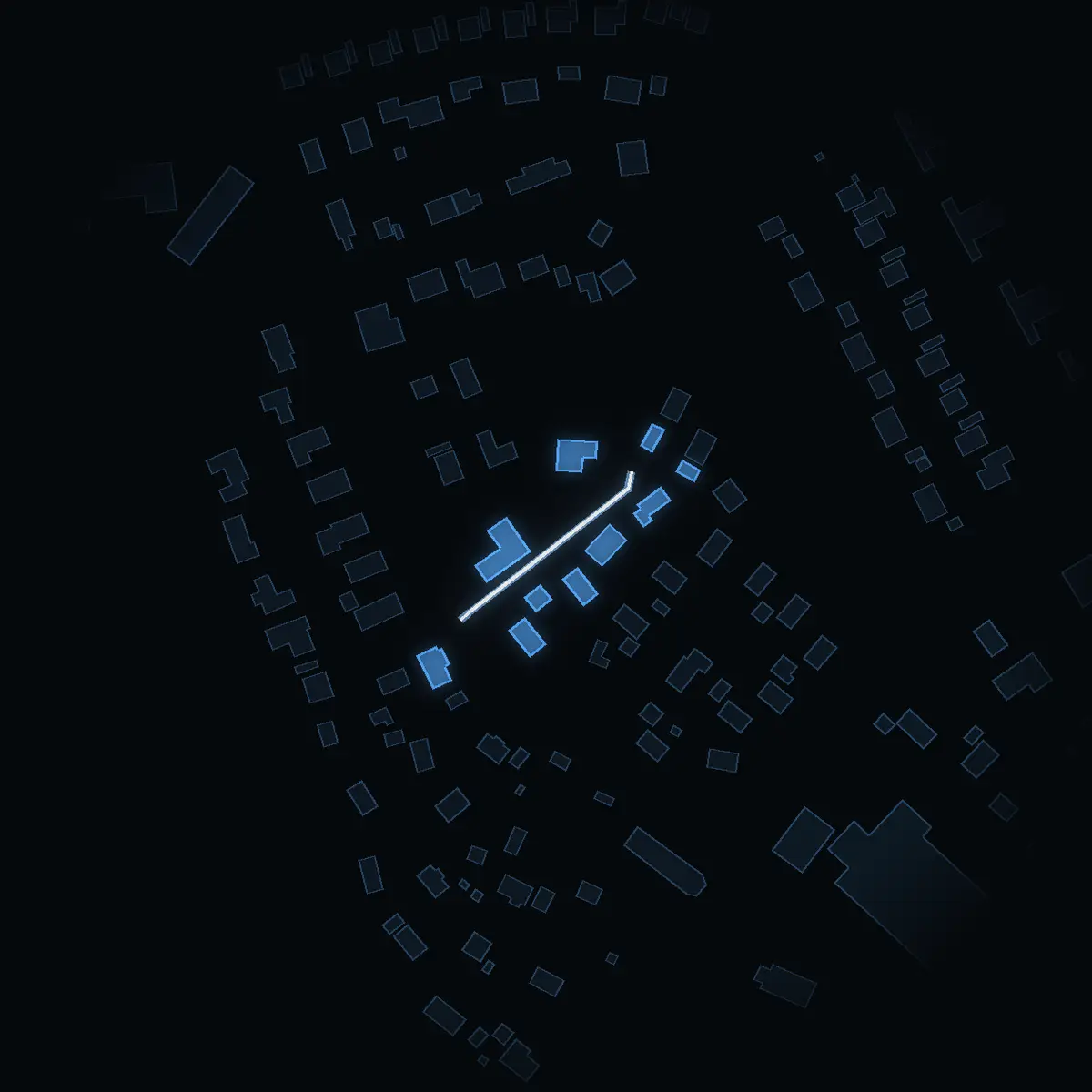 The street at night: Bogårdsvägen drawn in white, its buildings lit in the colour of their area’s income