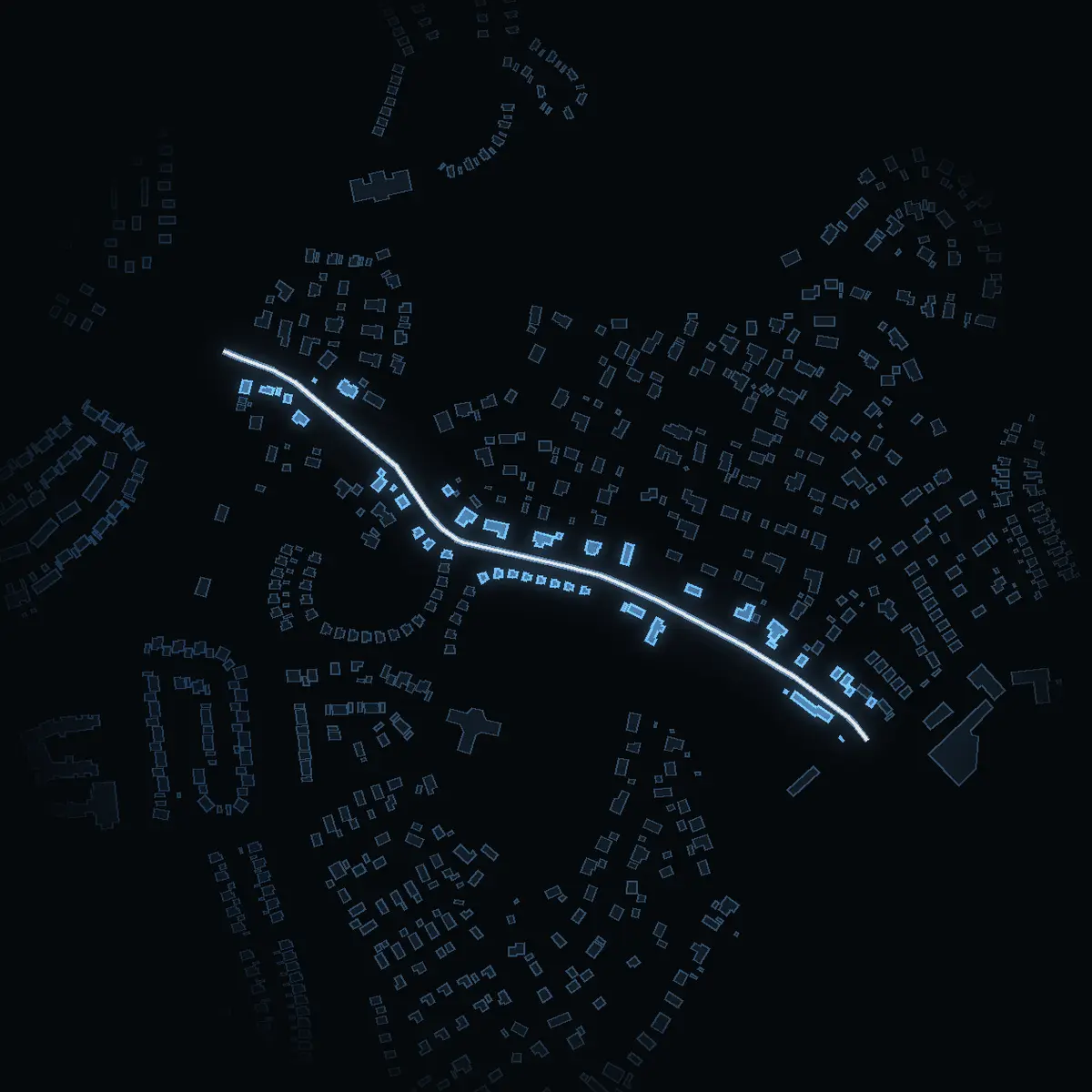 The street at night: Borgbyvägen drawn in white, its buildings lit in the colour of their area’s income