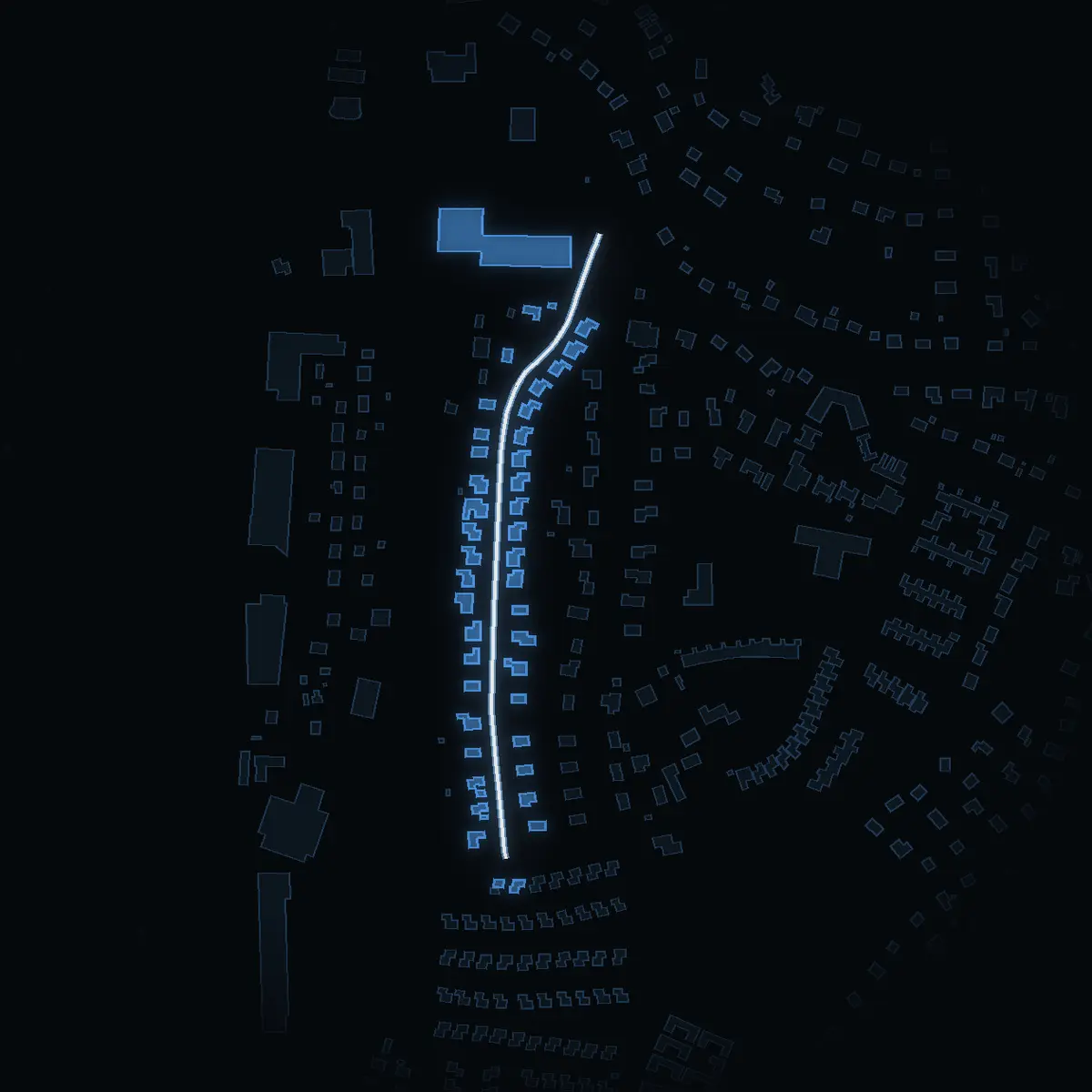 The street at night: Bragevägen drawn in white, its buildings lit in the colour of their area’s income