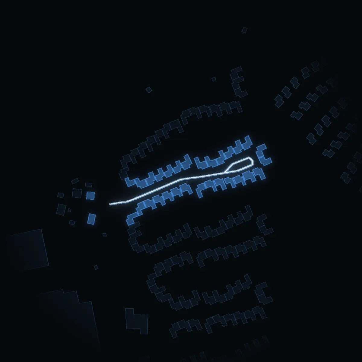 The street at night: Brogränd drawn in white, its buildings lit in the colour of their area’s income