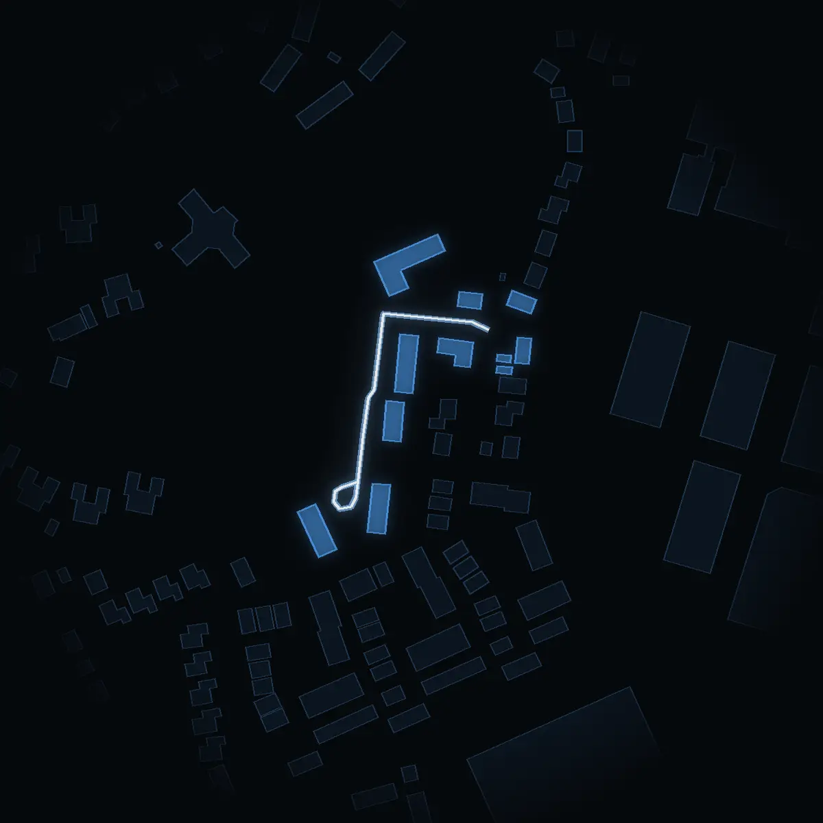 The street at night: Diakonvägen drawn in white, its buildings lit in the colour of their area’s income